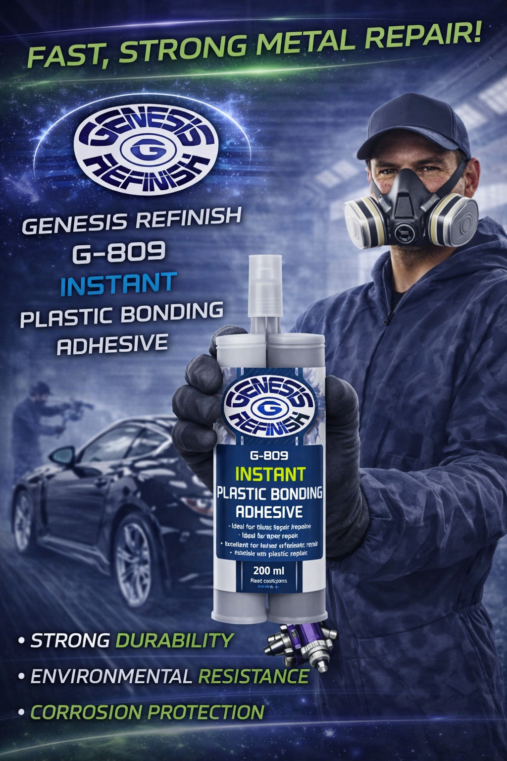 GENESIS REFINISH INSTANT 2-PART PLASTIC BONDING ADHESIVE 200ML CARTRIDGE