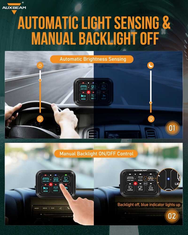AUXBEAM 6 Gang RGB Switch Panel Toggle LED Light Circuit Relay System Controller
