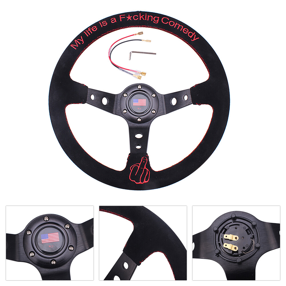 14inch 350mm Suede Leather Grip Steering Wheel Hand 9.5cm Dish for Racing