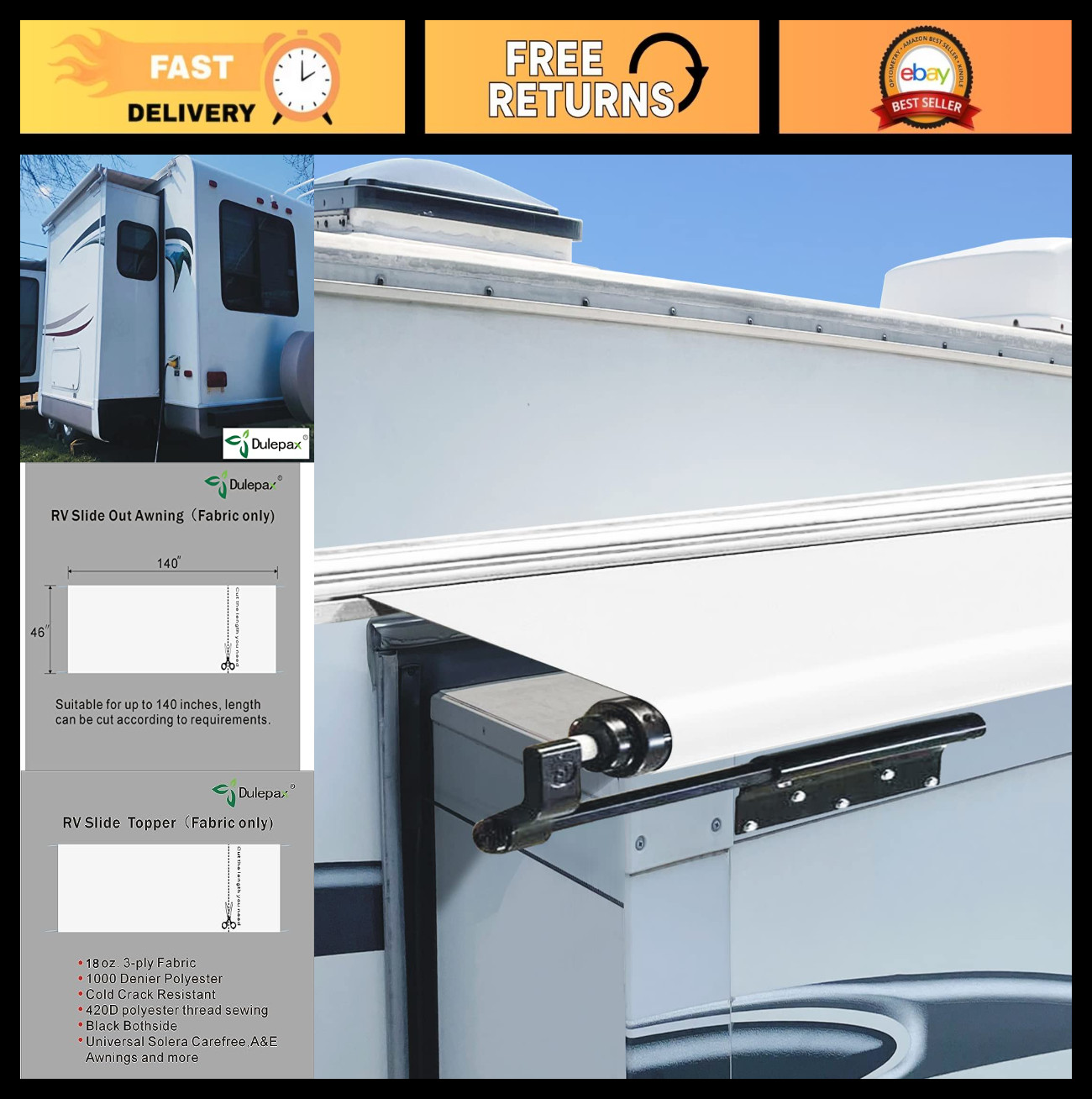 Universal RV Slide Out Awning Fabric Replacement 46″ x 140″ – White, Slide-Toppe