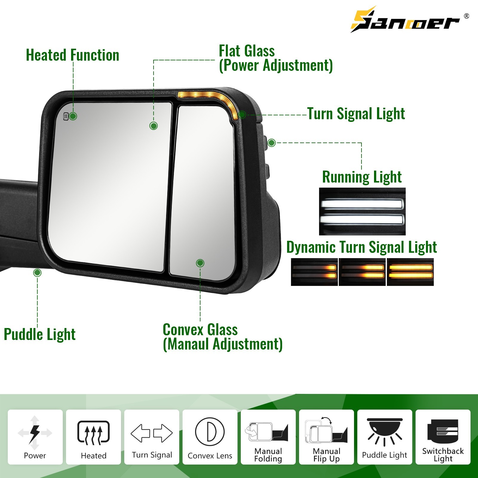 DRL Tow Mirrors for 2002-2008 Dodge Ram 1500 2500 3500 Flip-Up Smoke Switchback