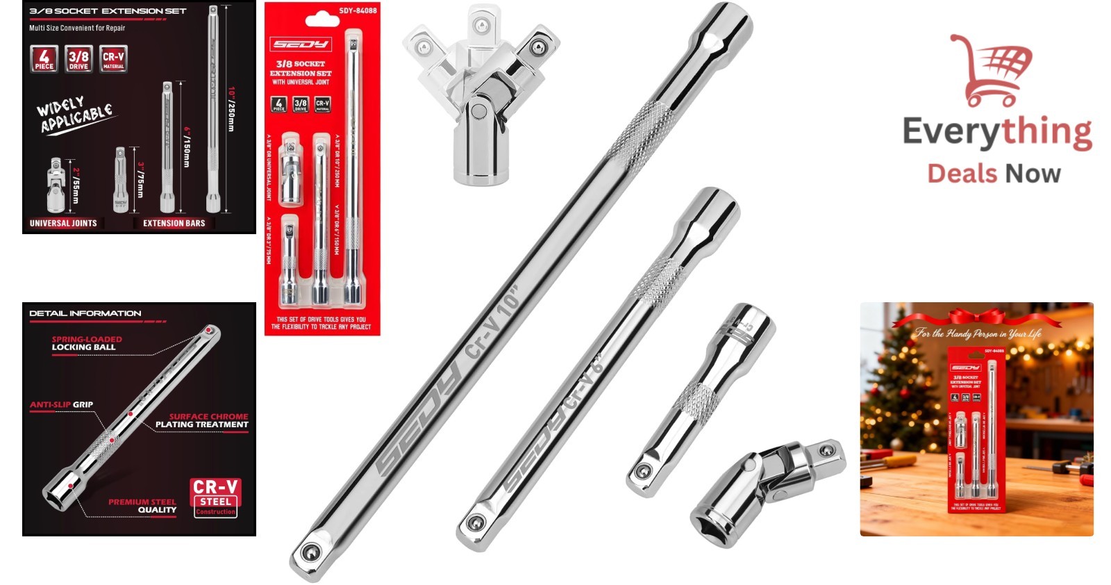 4pc 3/8″ Drive Socket Extension Bar Set 3″ 6″ 10″ & Universal Joint Cr-V Steel