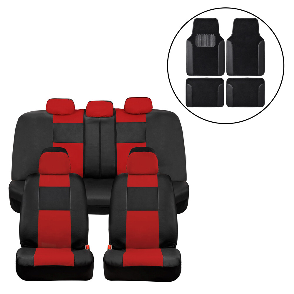 Red PU Leather Car Seat Covers Full Set Combo with Black Carpet Floor Mats