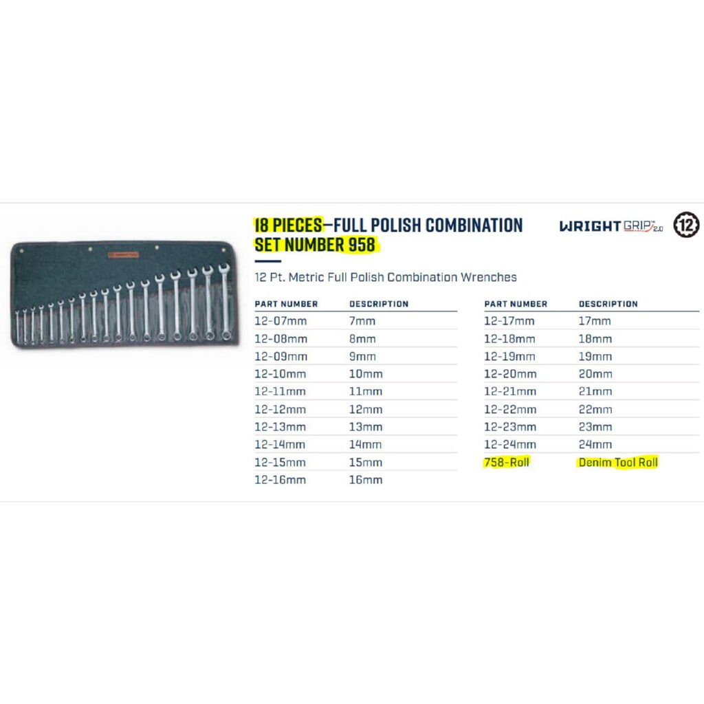 Wright Tool 958 Full Polish Metric Combination Wrenches 7mm – 24mm (18-Piece)