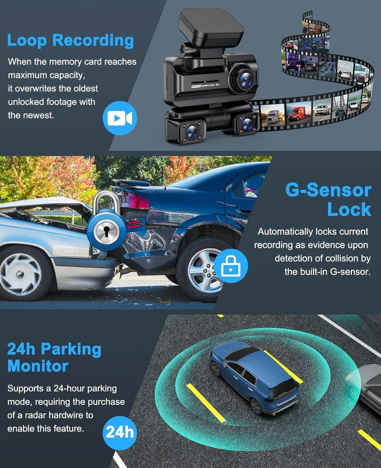 Dash Camera 4K Front Rear Inside DashCam Built-In WiFi & GPS, WDR Night Vision