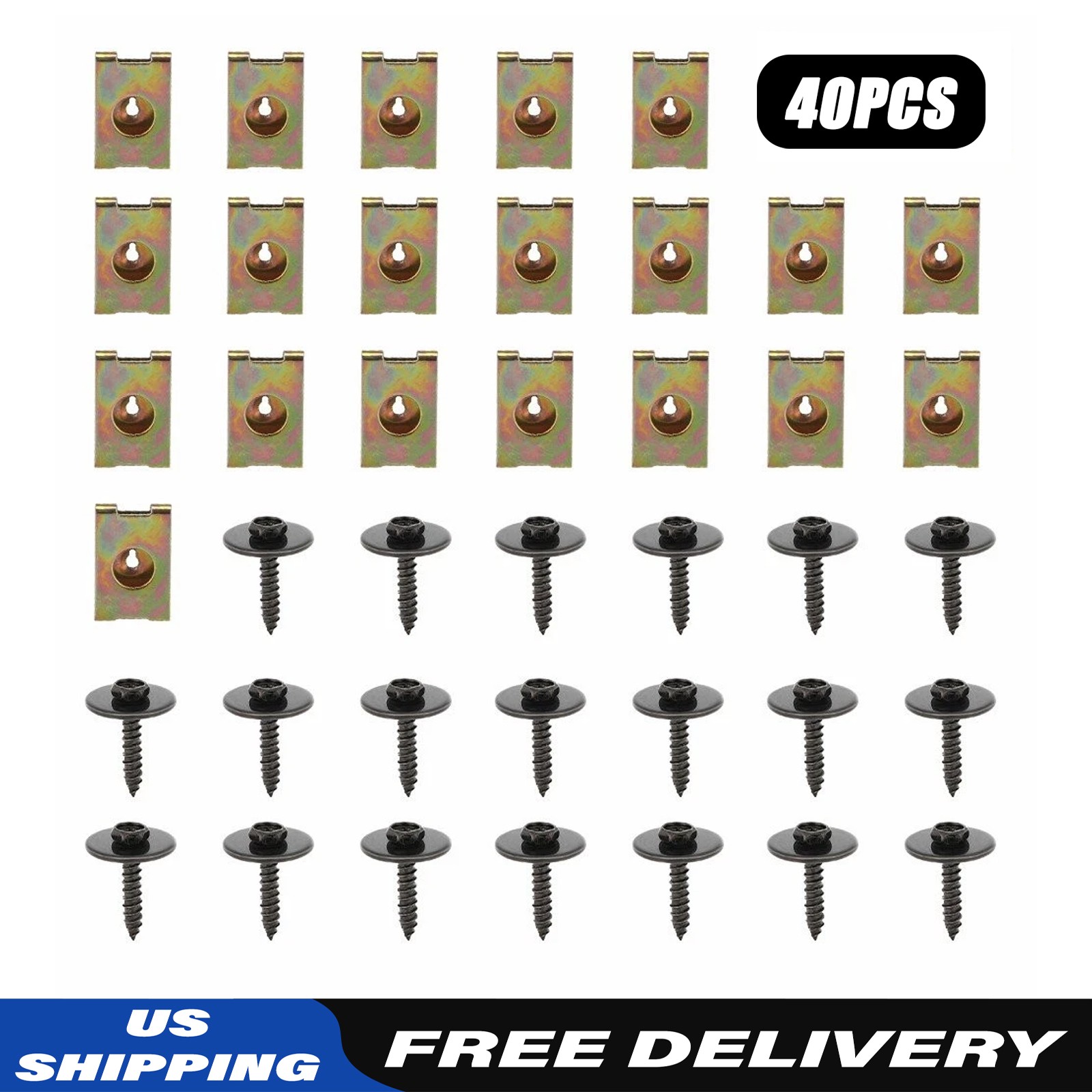 40X Metal Car Screw Body Fender Bumper Retainer U Nut Clips Gasket Fastener Kit