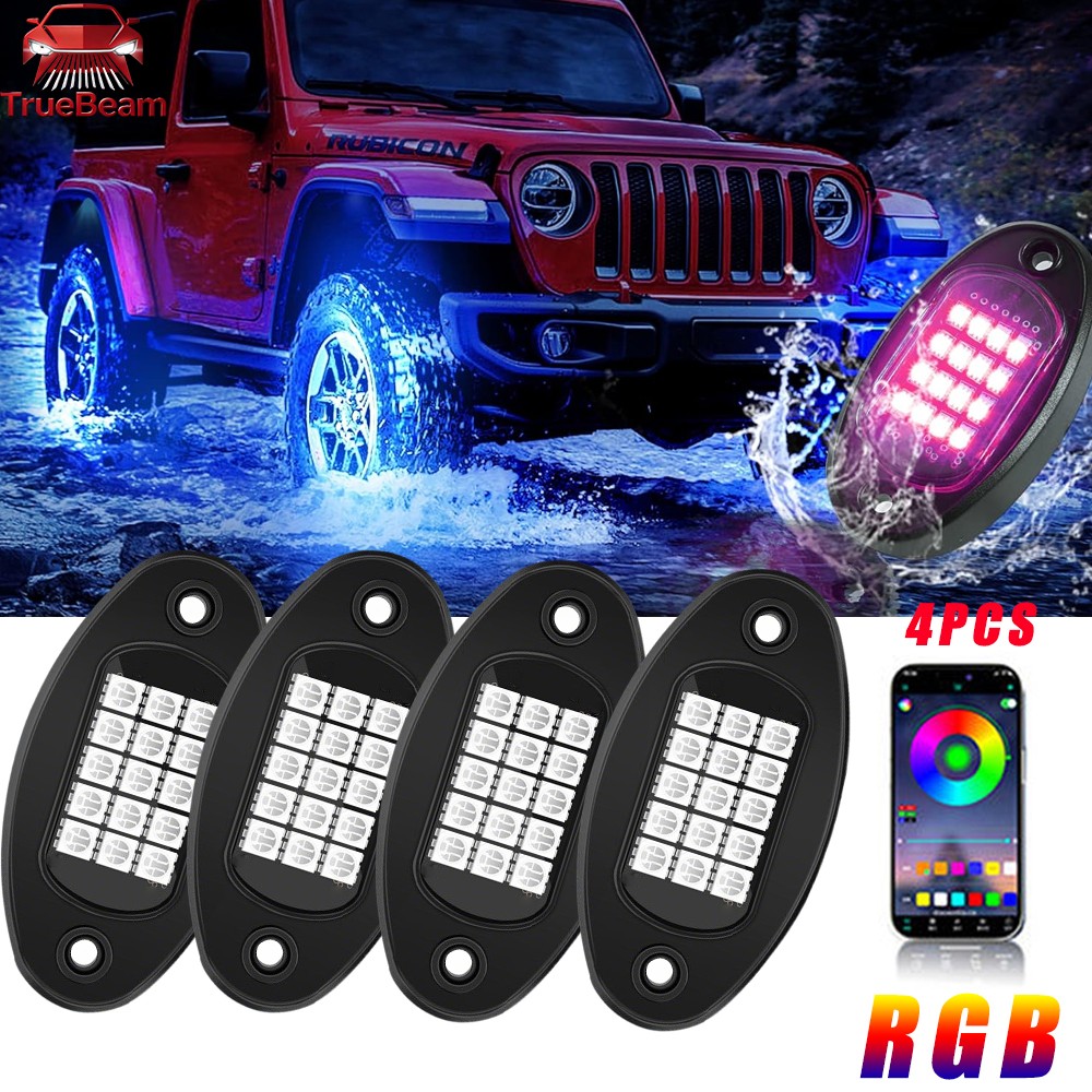 4 Pods RGB Rock Light Underglow Neon Lights Kit Bluetooth & Remote For ATV UTV