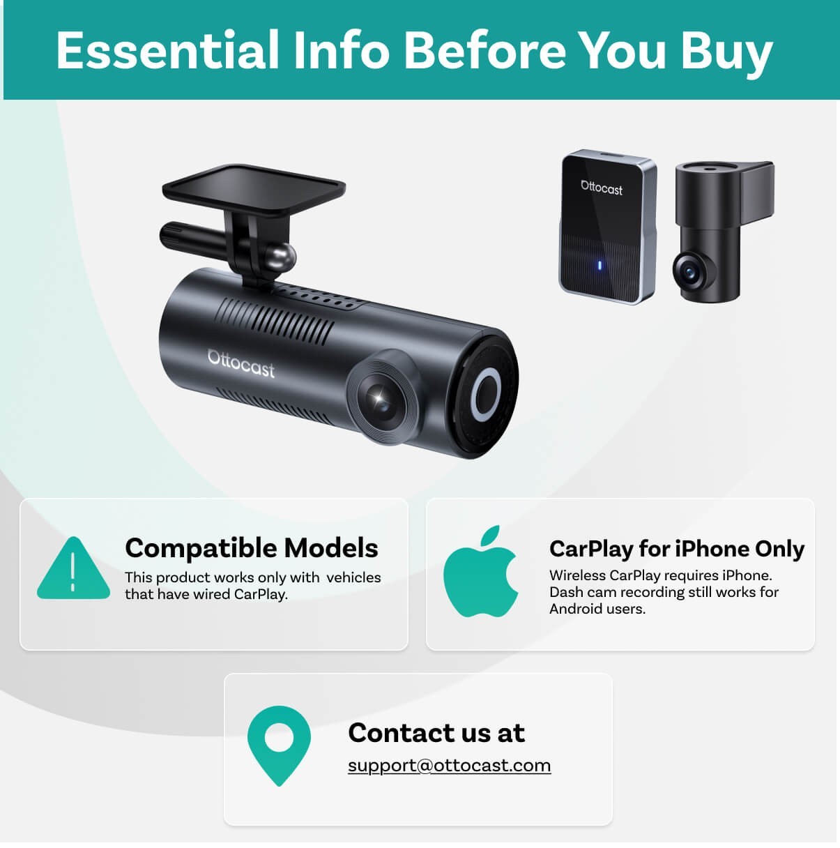 Ottocast Dash Cam Car HD 2K Front/Rear Dual Lens Video Recorder Camera G-Sensor