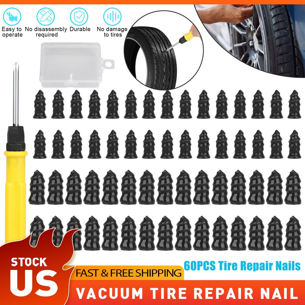60PCS Tire Repair Screws With Kit Screwdriver 3 Sizes Rubber Flat Plugs Tires