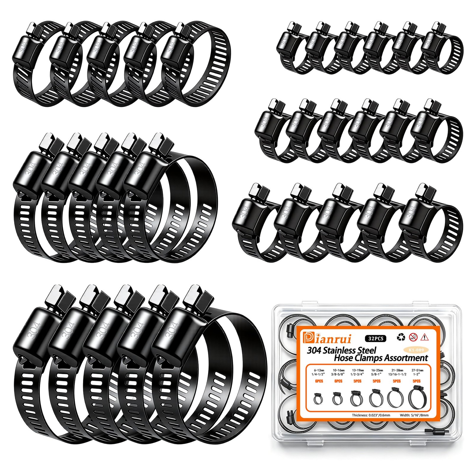 Dianrui 32 PCS Black Hose Clamps Assortment Kit 1/4″–2″ 32PCS Kit,