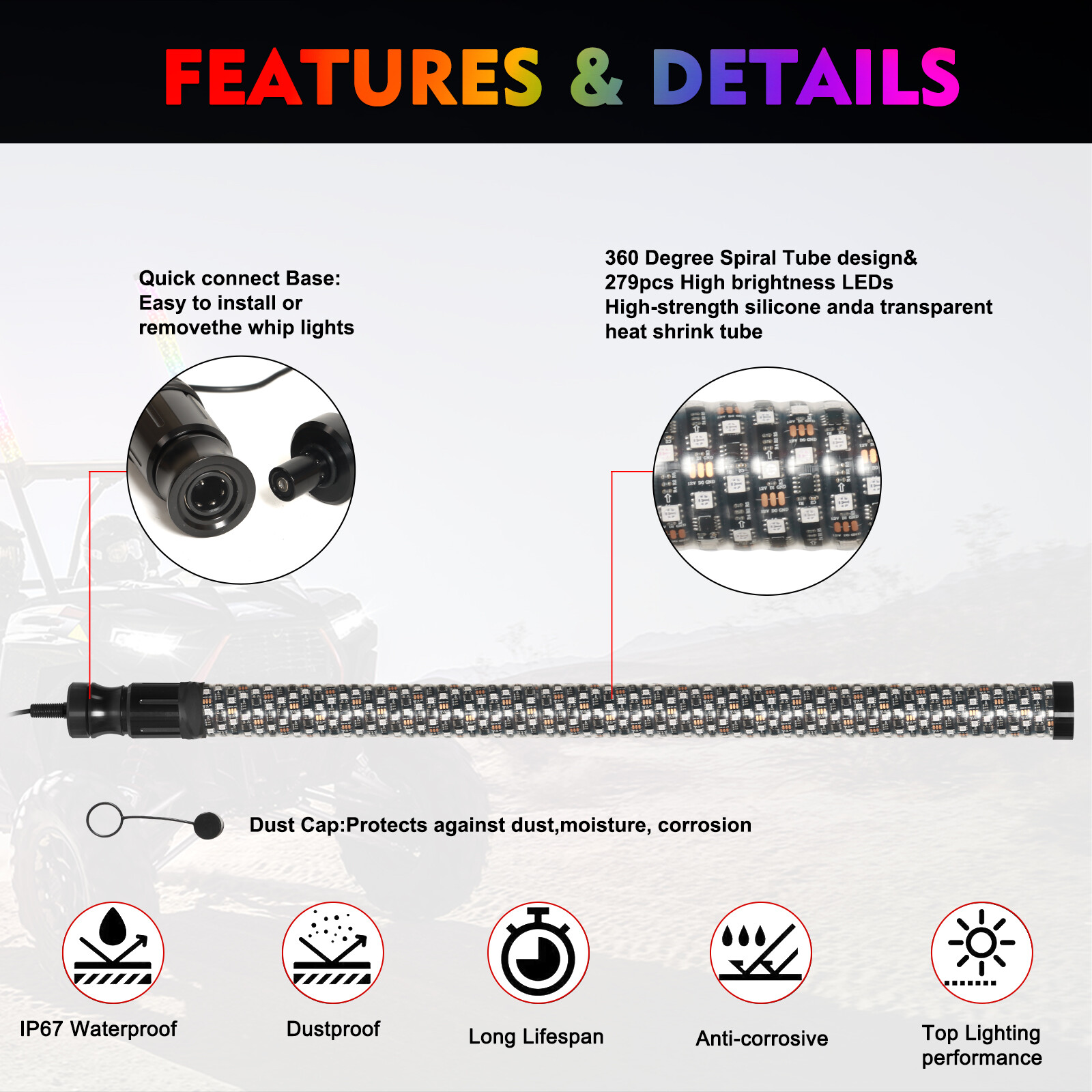 3FT Fat LED Whip Spiral Chasing RGB W/App & Remote Control For Kawasaki UTV ATV