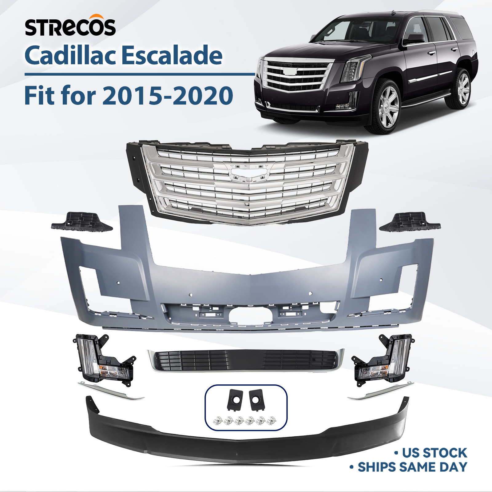 Front Bumper Cover Assembly Grill Set For 2015-2020 Cadillac Escalade w/Foglight