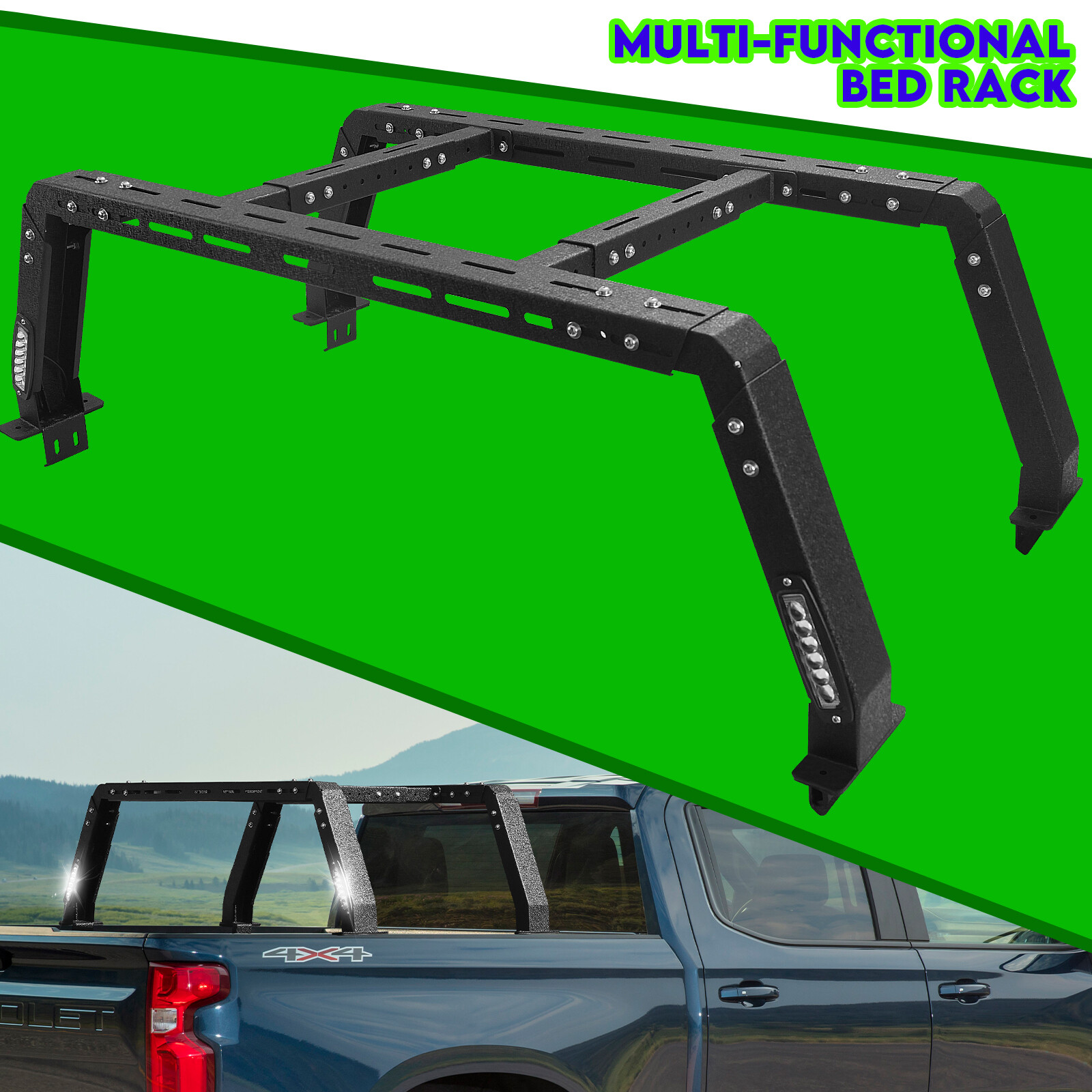 FIT Ford/Toyota/Dodge Ram/Chevy Silverado/Nissan Titan Truck Bed Rack with LED