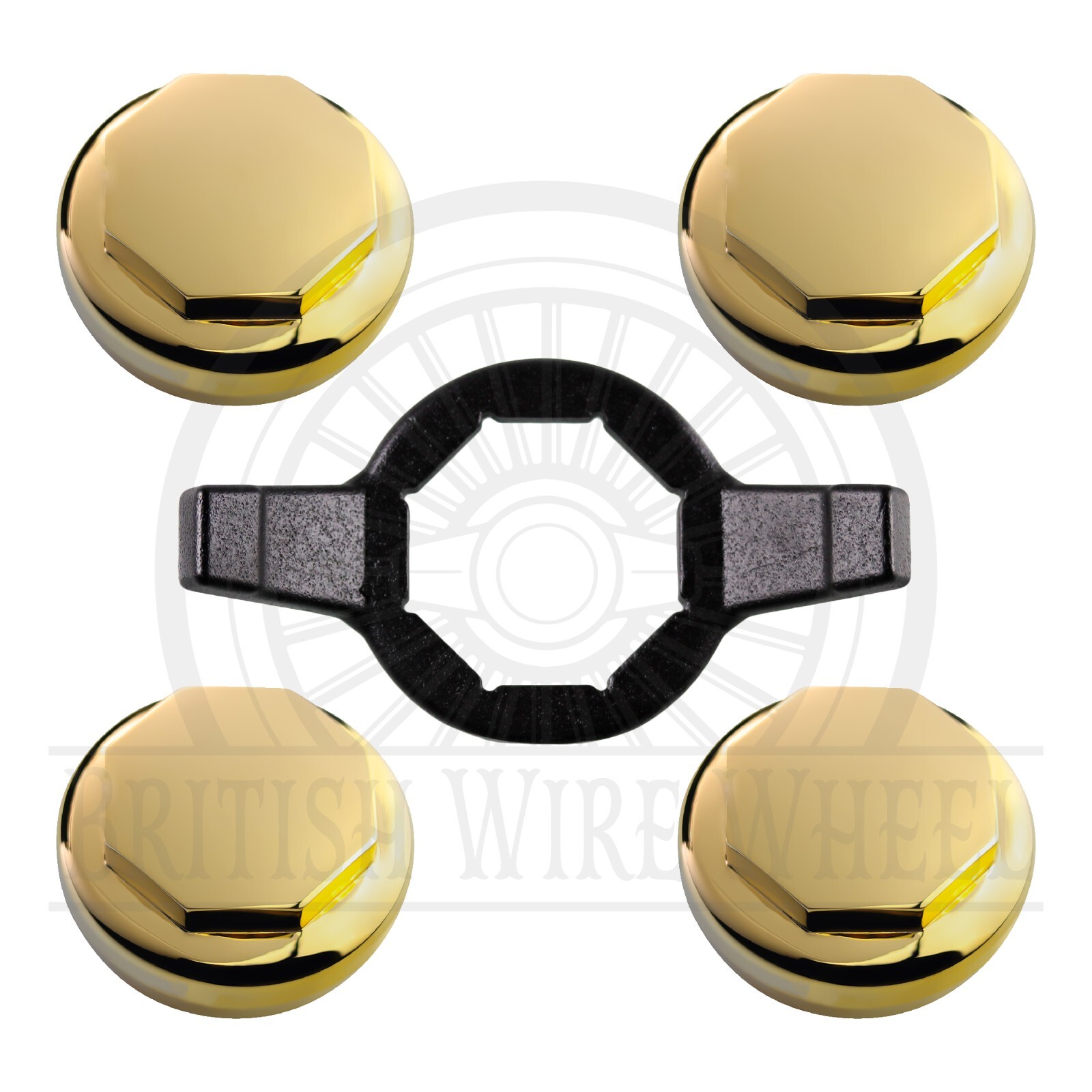 Hex Gold Knock Off Spinner Caps for Lowrider Wire Wheels, Set of 4 + Wrench