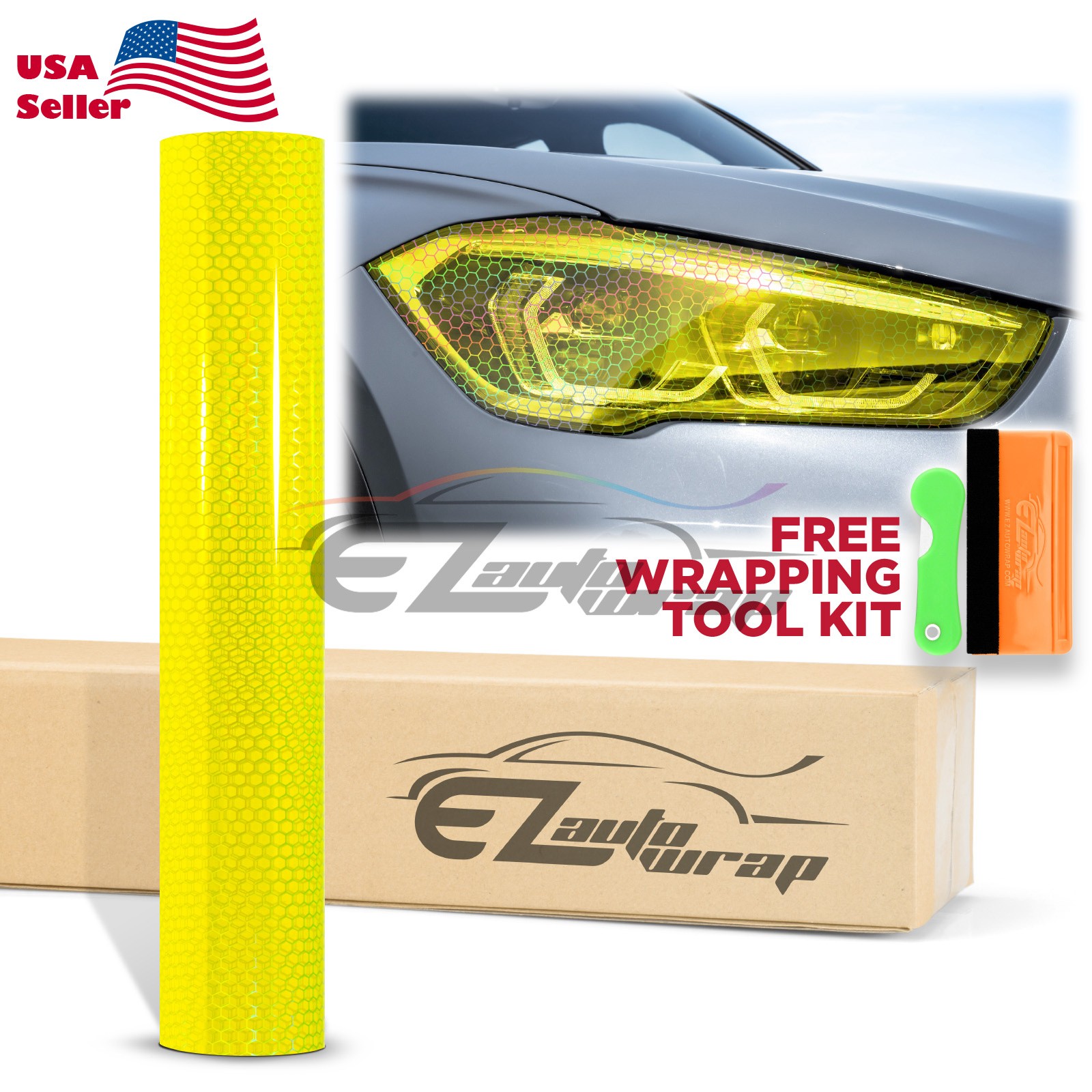 Hex Holographic Gloss Neon Yellow Headlights Taillight Tint Film Fog Honeycomb
