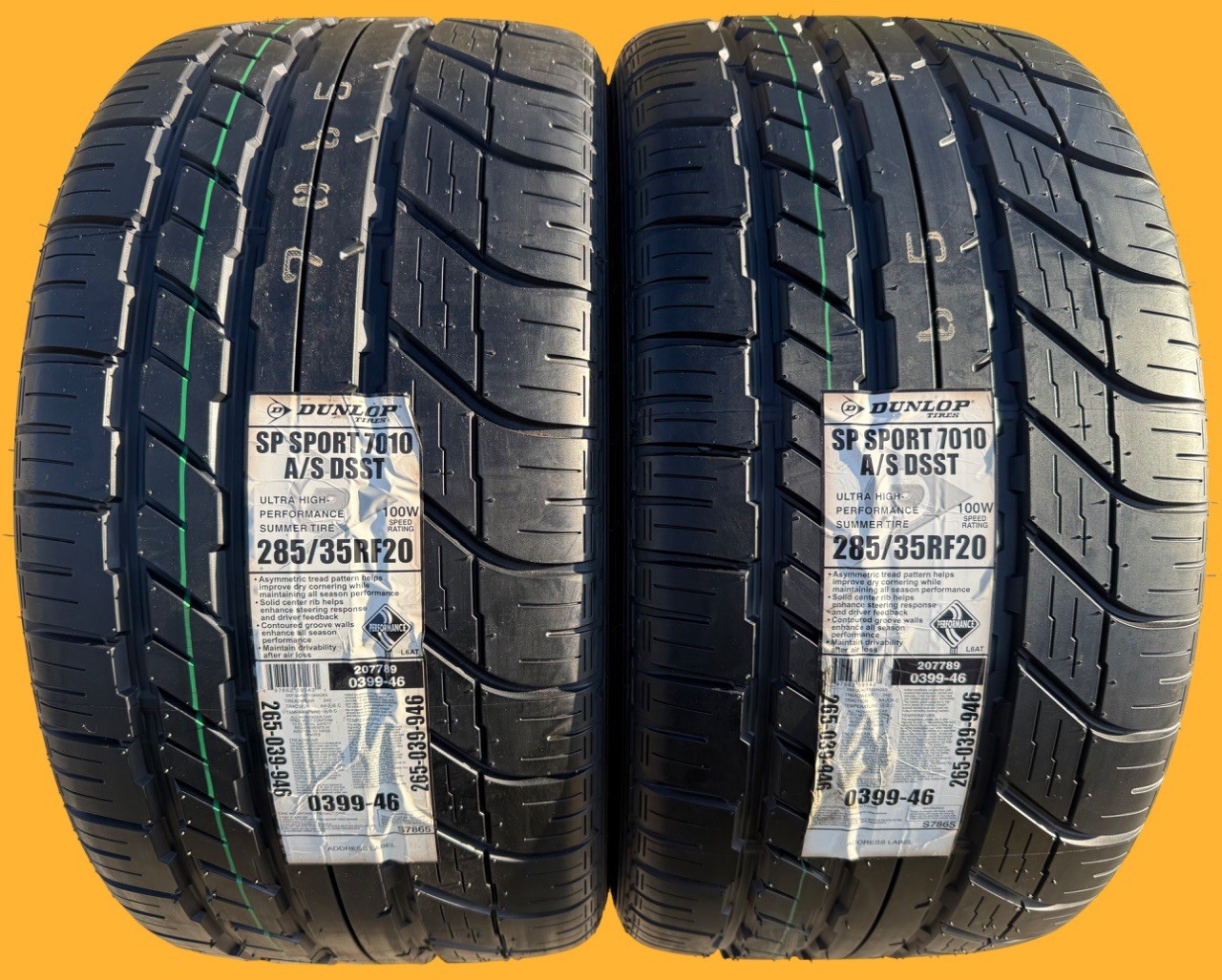 TWO BRAND NEW 285/35R20 Dunlop SP Sport 7010 A/S DSST Nissan GTR Run Flat Tires!
