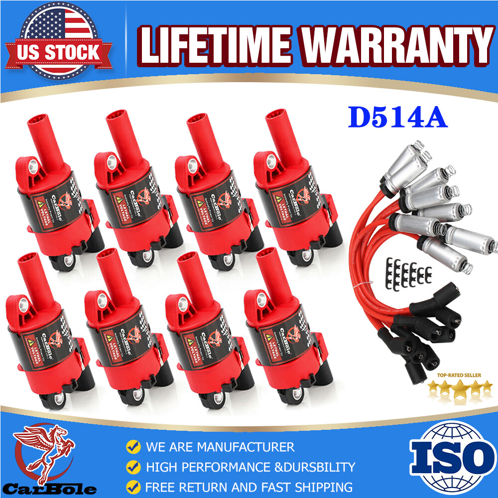 D514A Round Ignition Coils & Spark Plug Wire 8 Pack For GMC Chevy 4.8L 5.3L 6.0L