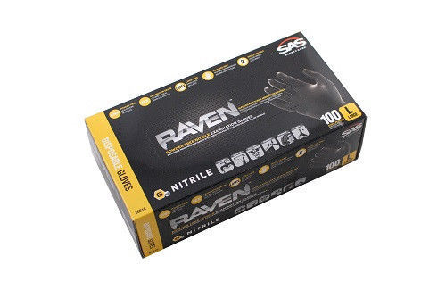 SAS Safety 66518 Raven Powder-Free Black Nitrile 6 Mil Gloves, 100 Gloves, Large