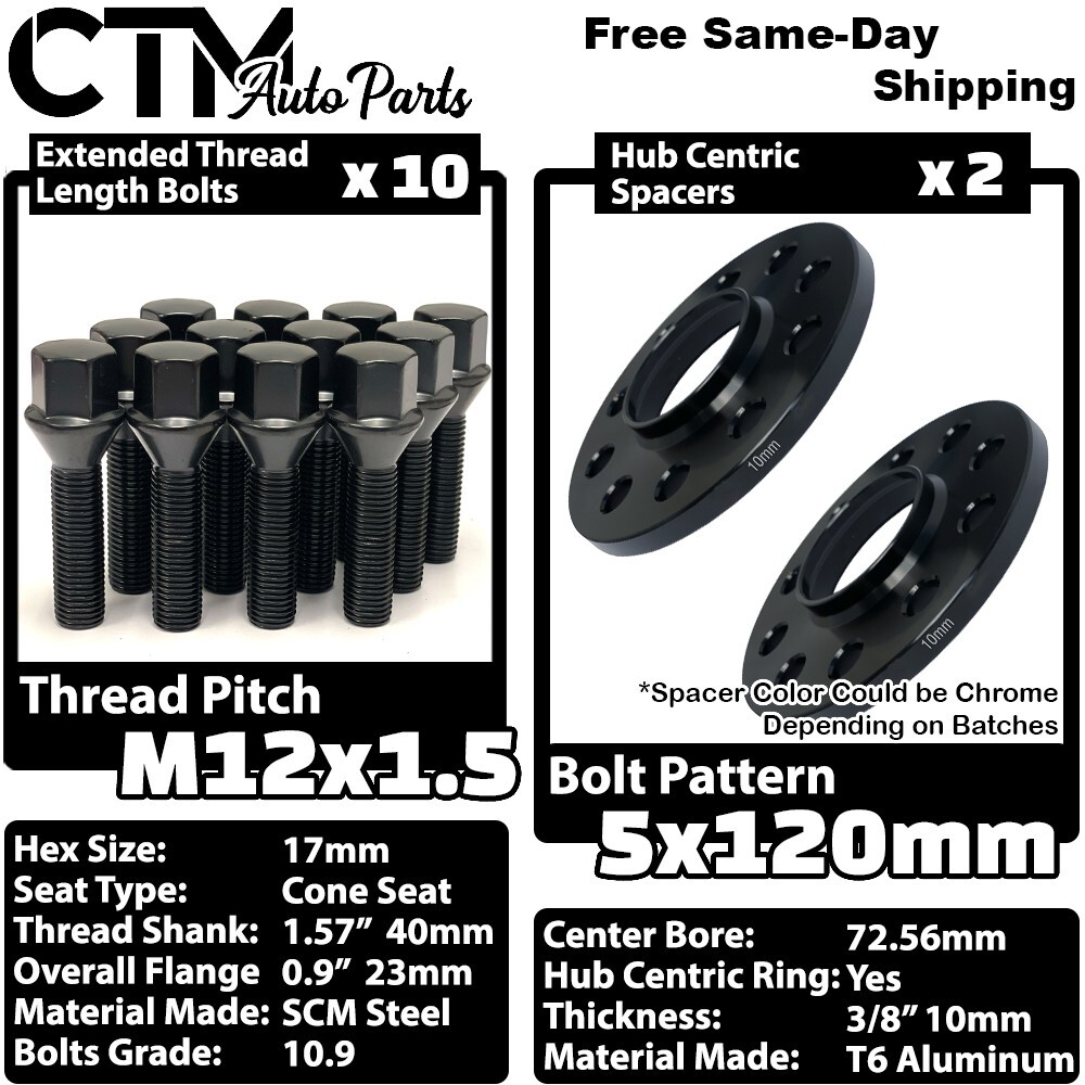 2x 10mm Thick 5×120 72.56mm C.B Wheel Spacer Kit with 12×1.5 Bolt Fit BMW Models