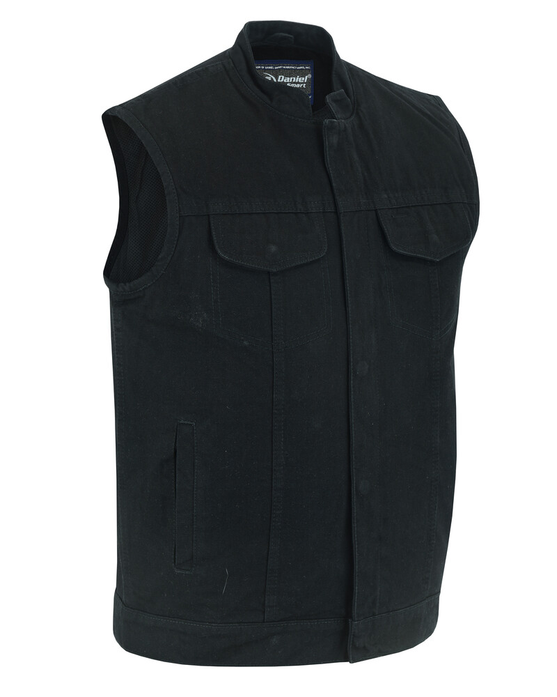 Denim Vest Concealed Snap Closure, Denim Material, Scoop Collar & Hidden Zipper