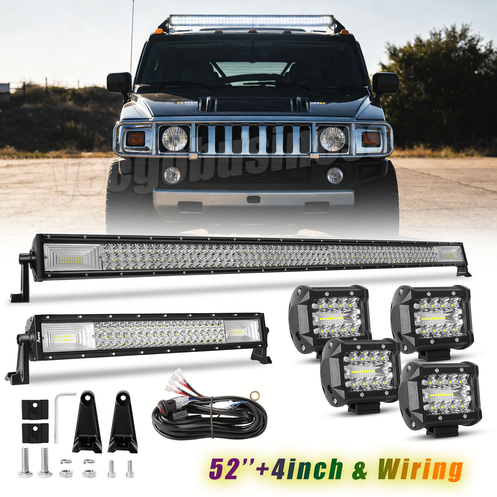 52″ LED Light Bar+ 22″ Bar+ 4” Pods +Wiring Combo Kit For Hummer H1 H2 H3