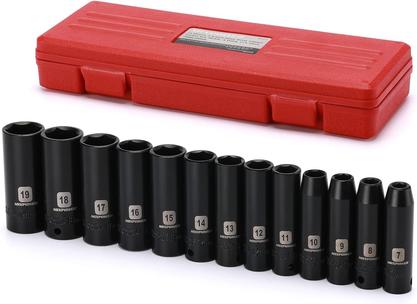 13 Pieces 3/8-Inch Drive Deep Impact Socket Set, 7mm to 19mm, CR-V, Metric, 6…