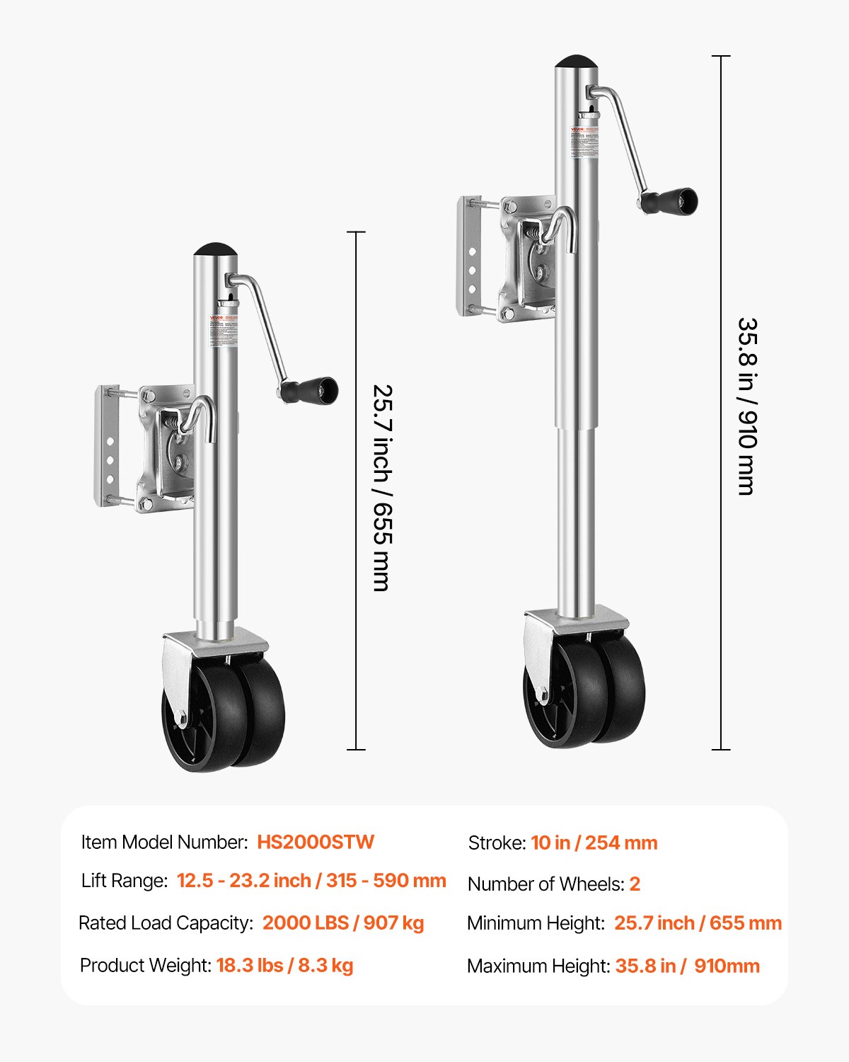 VEVOR Boat Trailer Jack Marine Heavy Duty Swivel Mount Tongue Jack 2000 lbs Load