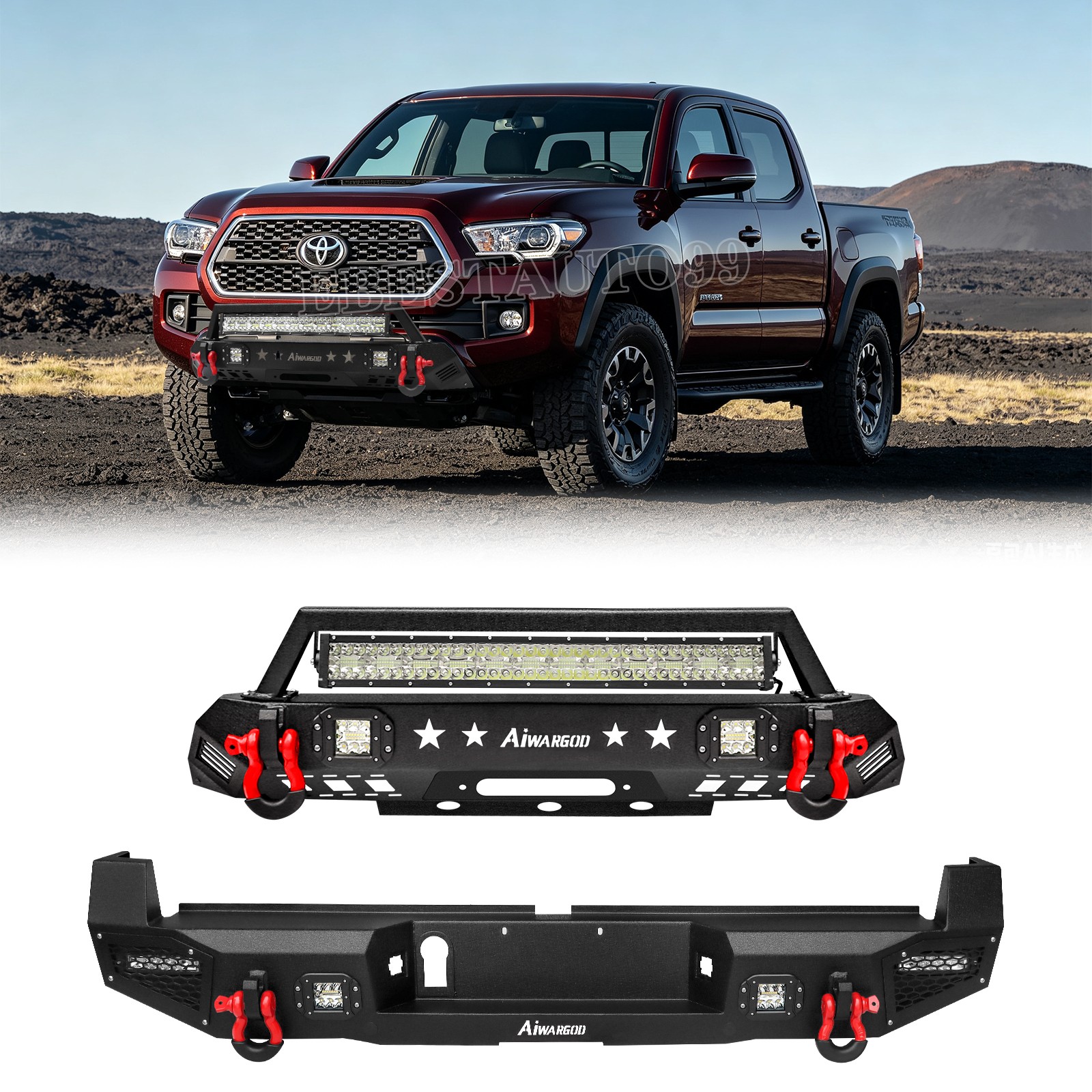 Aaiwa For 2016-2023 Toyota Tacoma Stubby Front Rear Bumper w/ Winch Plate&Lights