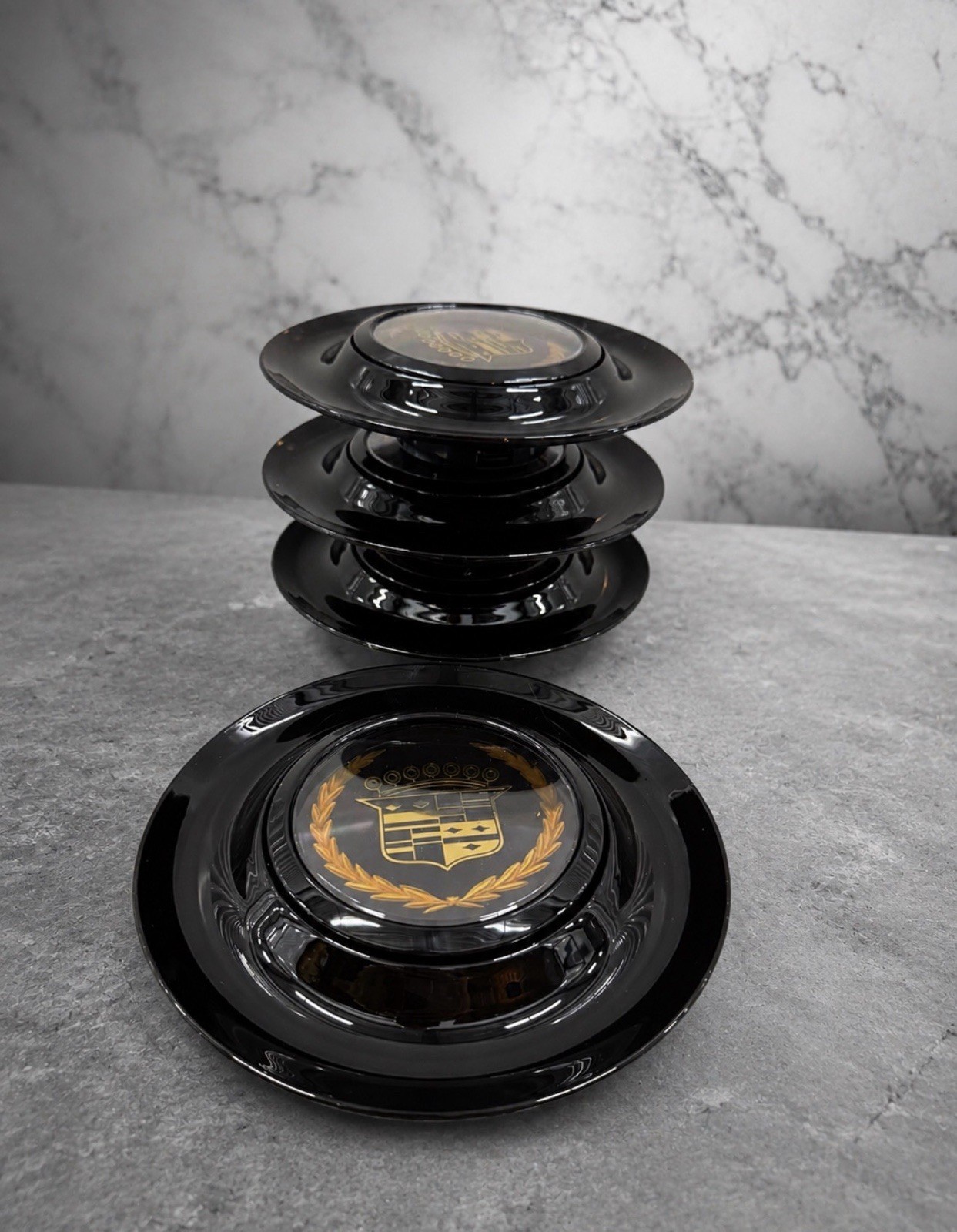 4 Black Floating Center Caps XL Rim For Cadillac Forgiato Gold Emblem 7.2 In