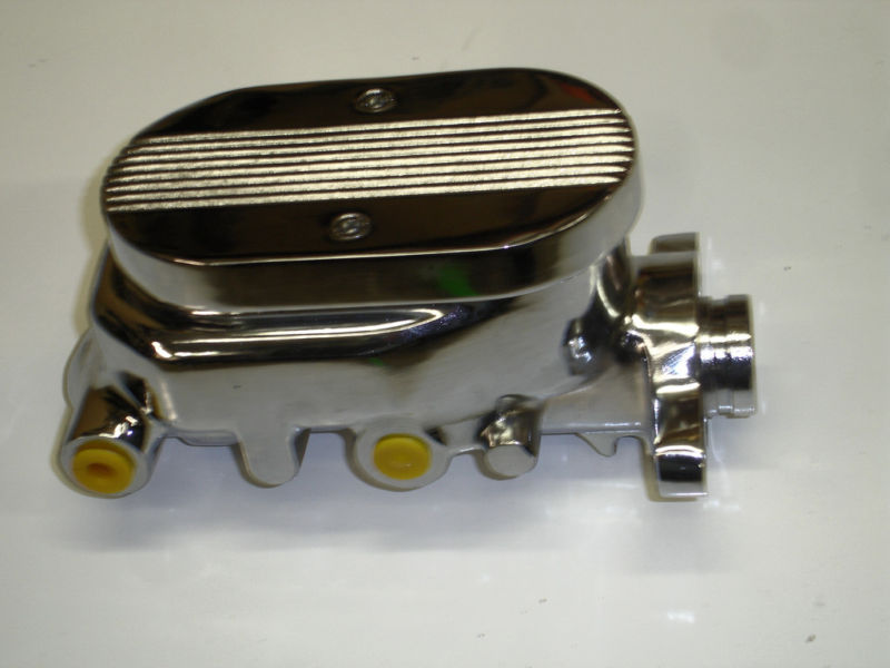GM style chrome aluminum ball milled master cylinder left exit 1″ bore