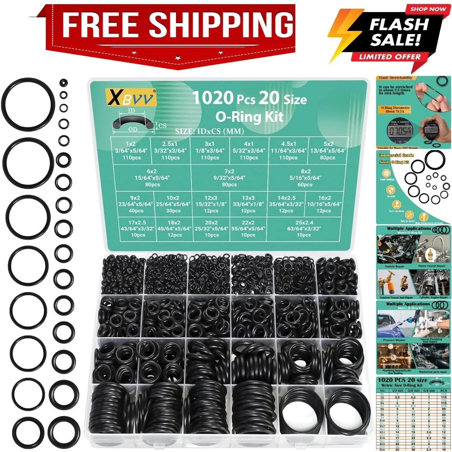 1020 Pcs O Ring Kit 20 Size Nitrile Rubber O Ring Assortment Set for Car Auto…