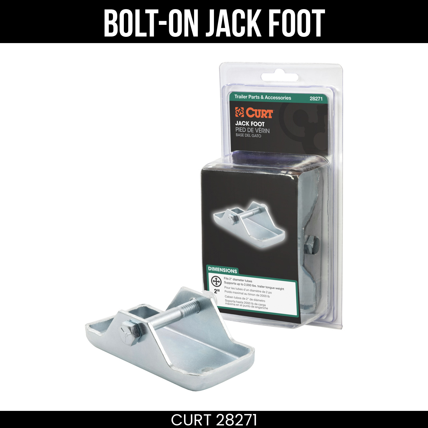 CURT Bolt On Trailer Jack Foot Fits 2″ Tube Supports 2000 Pounds Packaged 28271