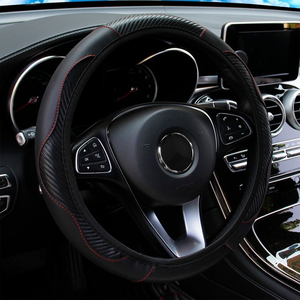 Car Steering Wheel Cover Red Black Leather Anti-slip For 15″/38cm Carbon Fiber