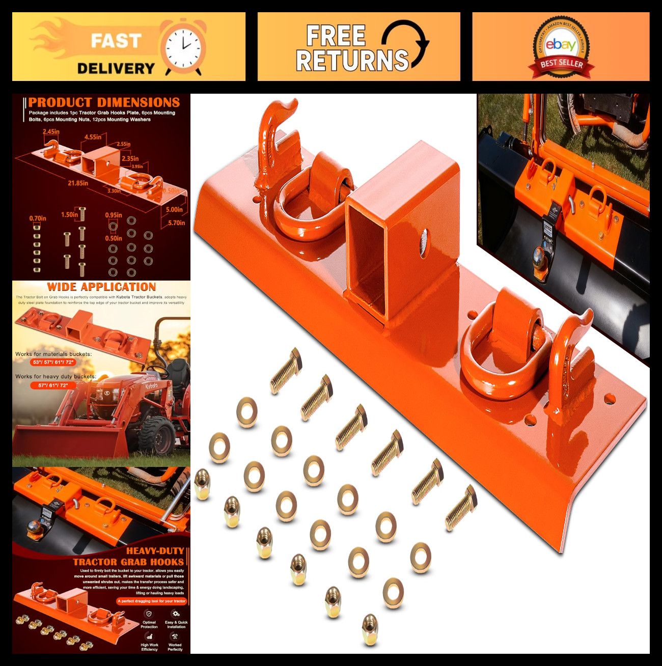 Compact Tractor Grab Hooks with D Rings & 2″ Receiver – Heavy Duty Orange Grabbe