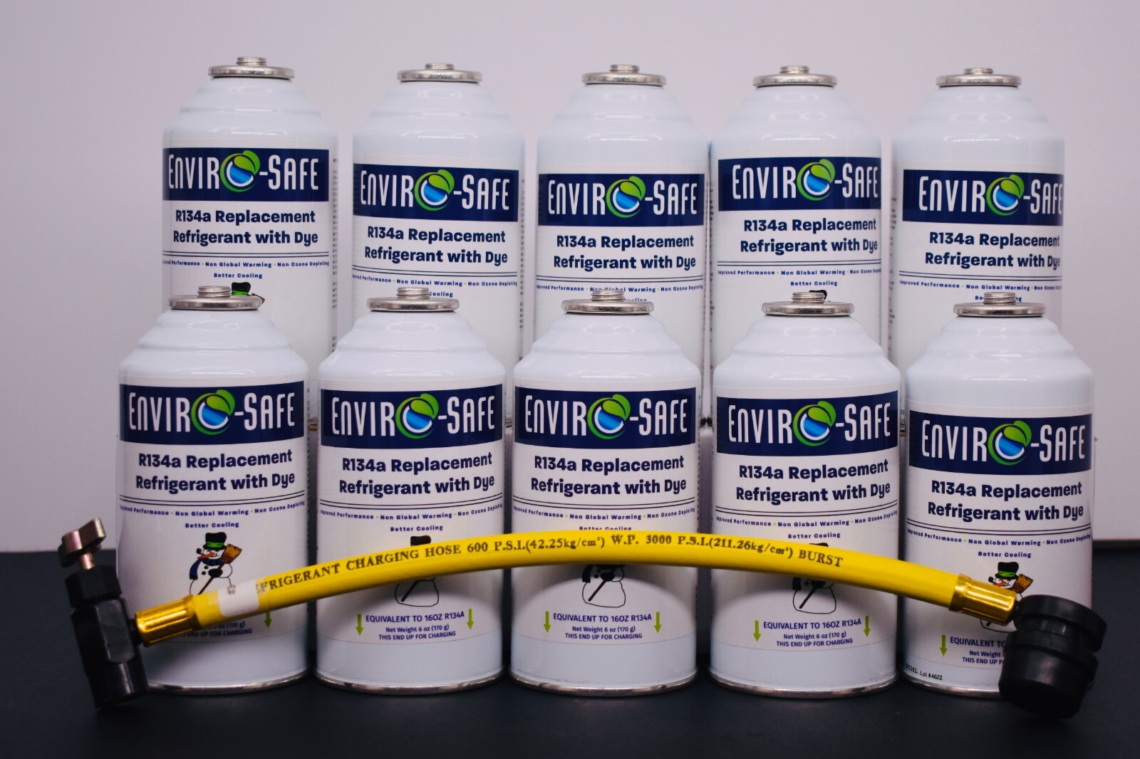 R134a Replacement Refrigerant with dye, 10 CANS, Economy Hose.