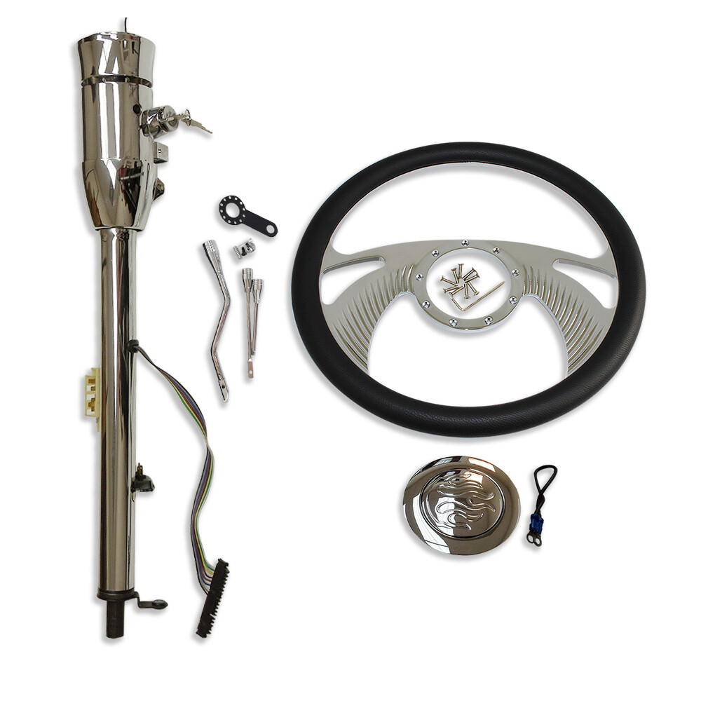 Chrome 28″ Auto Steering Column w/ Key & Adapter & 14″ Billet Steering Wheel Kit