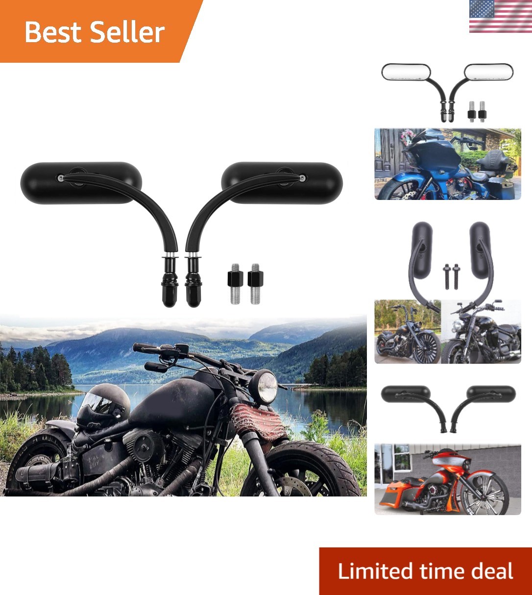 360-Degree Adjustable Black Motorcycle Mirrors – Mini Oval 8mm/10mm Options
