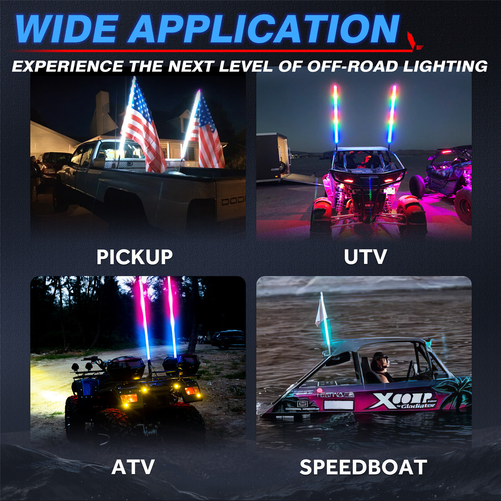 2pcs 1FT COB Fat Whip Light,RGB+IC Chasing Antenna Whips for ATV UTV SXS RZR