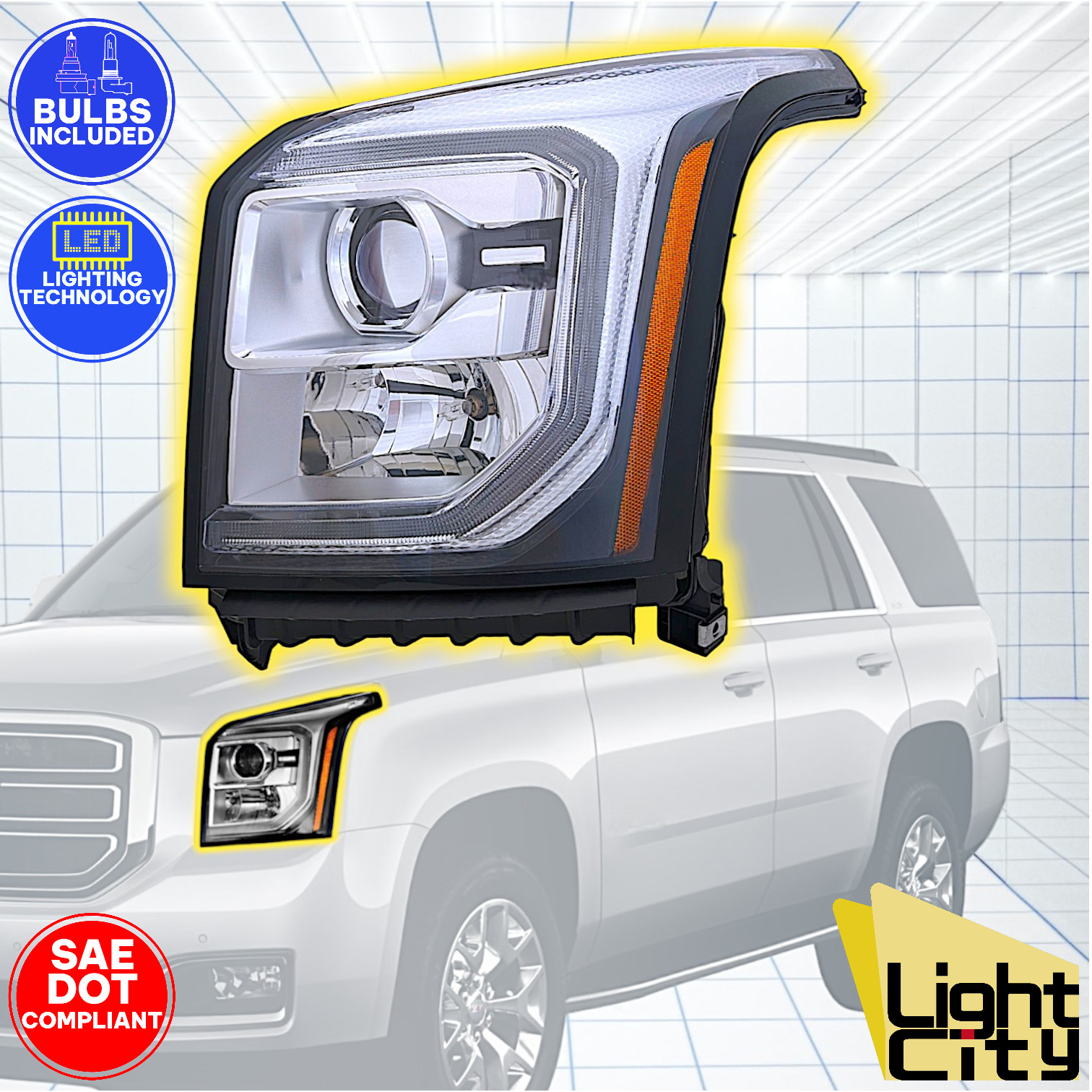 [Halogen] For 2015-2017 GMC Yukon Driver Side Projector Headlight LED DRL LH