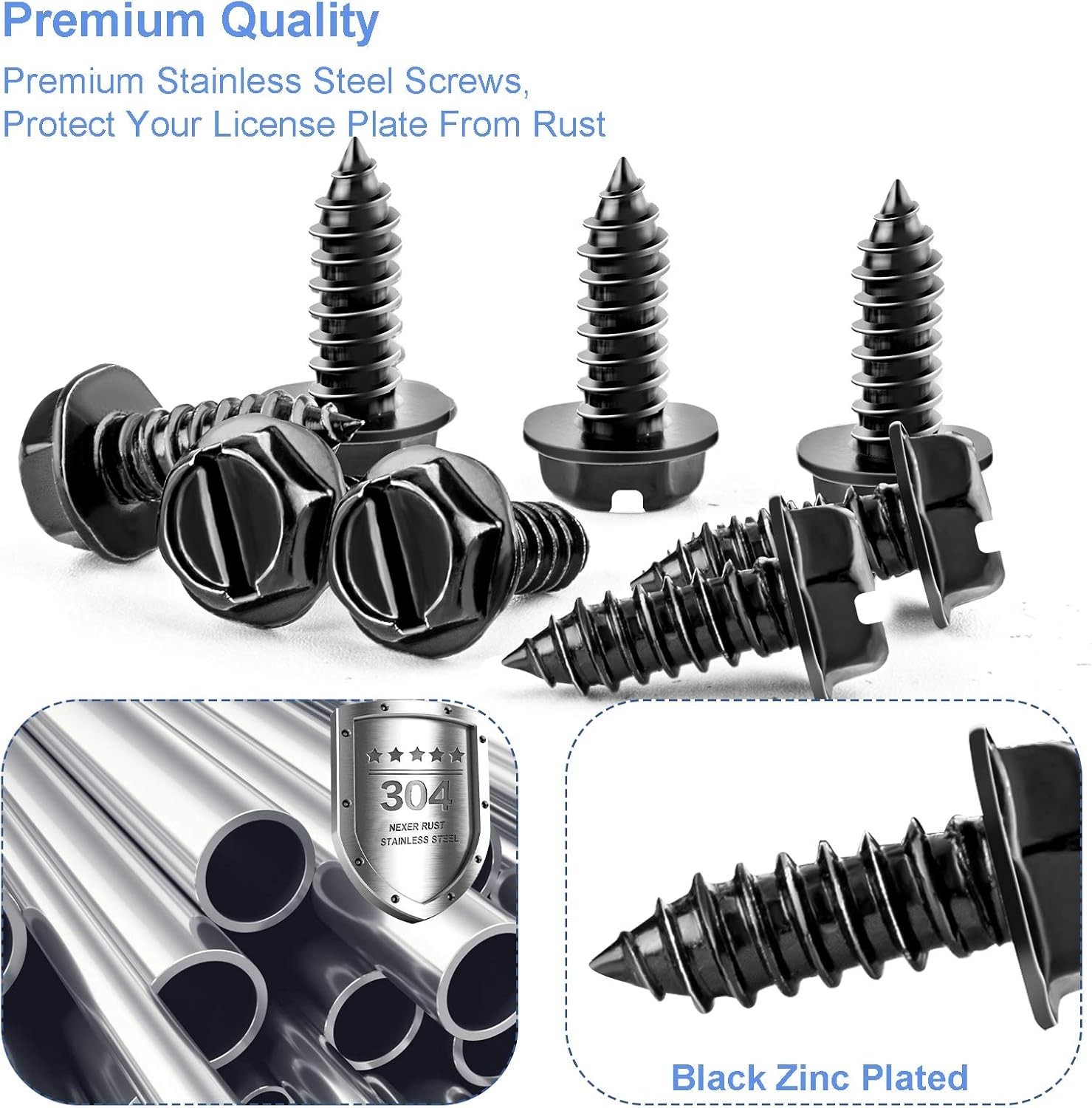 8PCS Rust-Proof Stainless Steel License Plate Screws – Anti-Rattle Black
