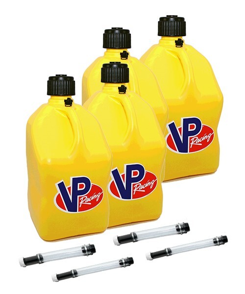 VP Racing 4 Pack Yellow 5 Gallon Square Fuel Jug Gas Can Racing / 4 Fill Hoses