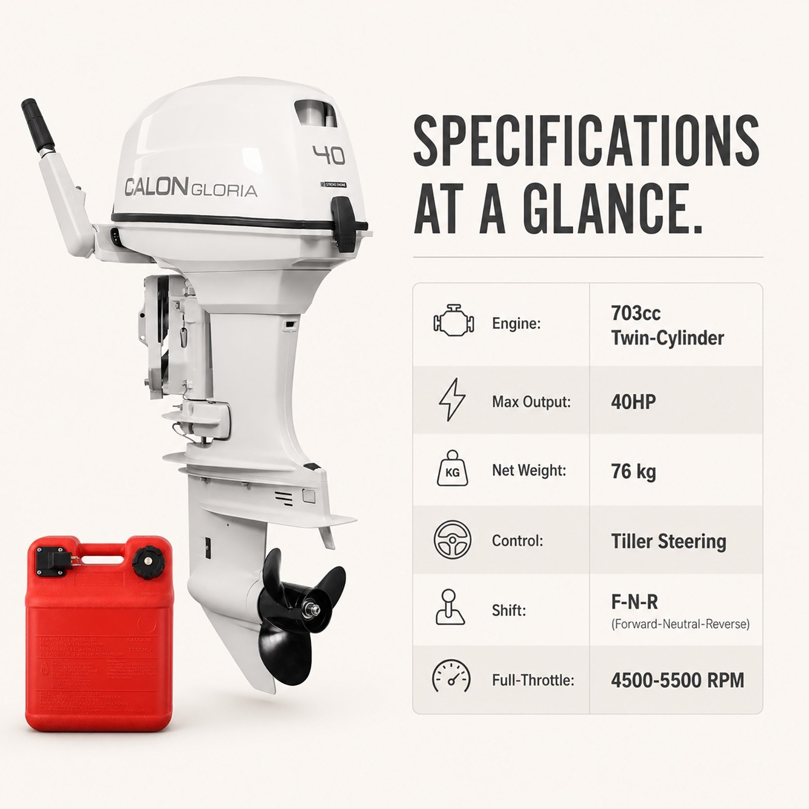 CALON T40BS 40HP 2-Stroke 17″ Short Shaft Tiller Manual Start FNR 24L Fuel Tank