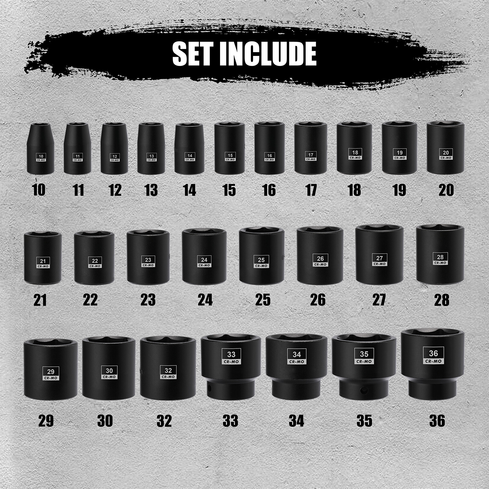 26PCS 1/2″ Drive Impact Socket Set,Metric,Shallow,10mm to 36mm Cr-Mo Alloy Steel