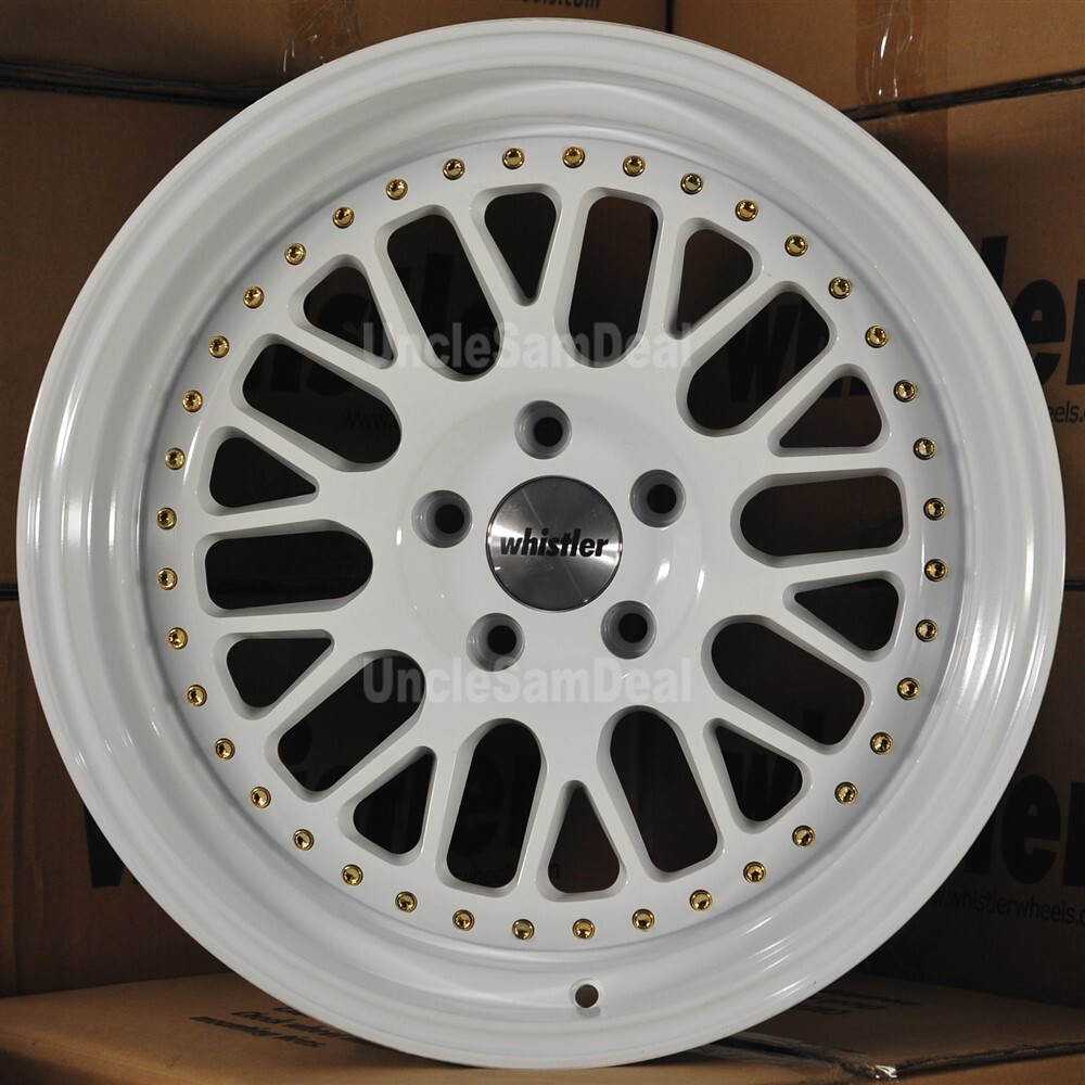18×10.5 5×114.3 22 OFFSET WHISTLER SK1 GLOSS WHITE w/RIVET MESH SPOKES 4 WHEELS