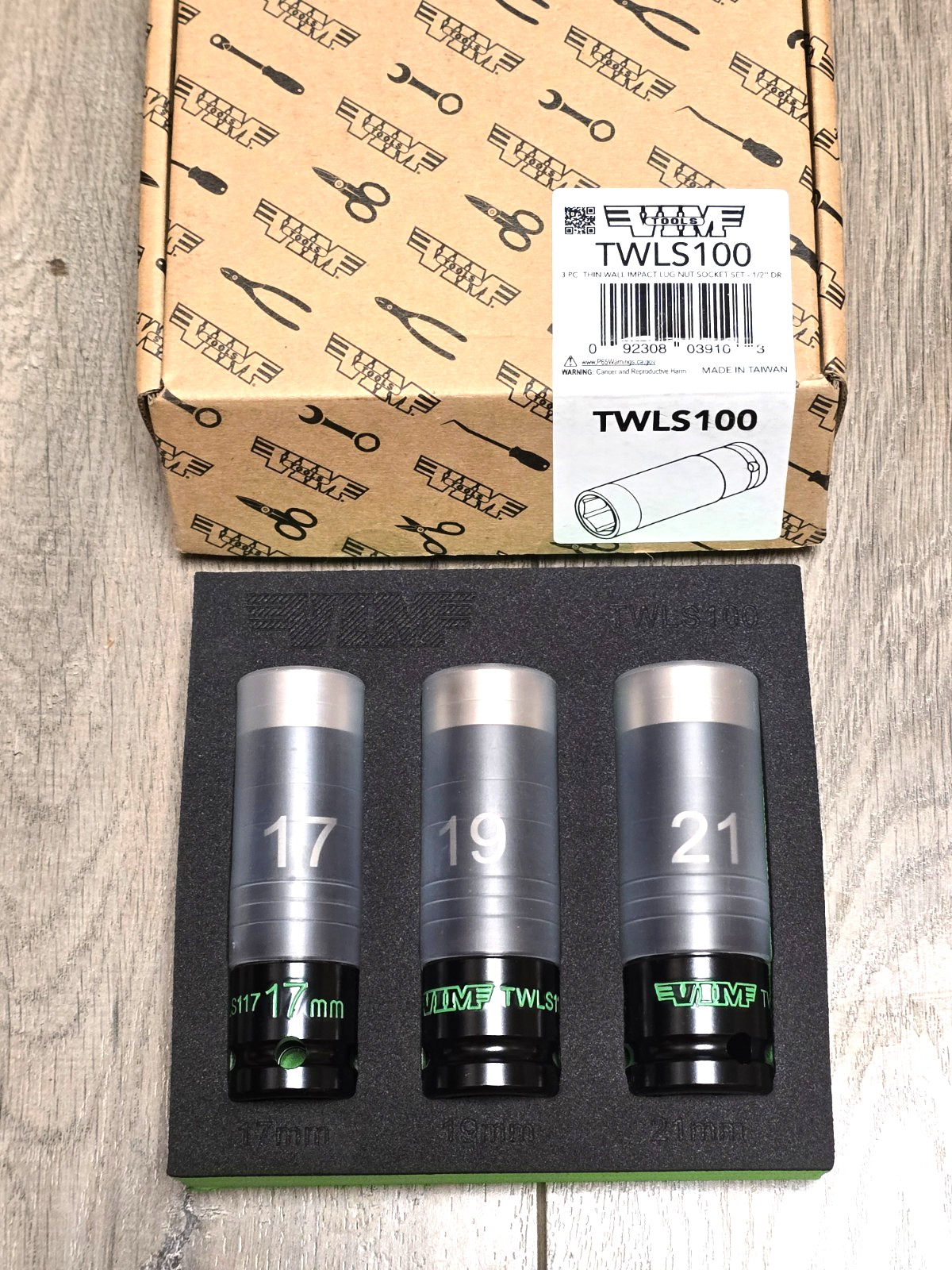 VIM Tools TWLS100 3pc Thin Wall Lug Nut Wheel Socket Set 17, 19 & 21mm 1/2″ dr