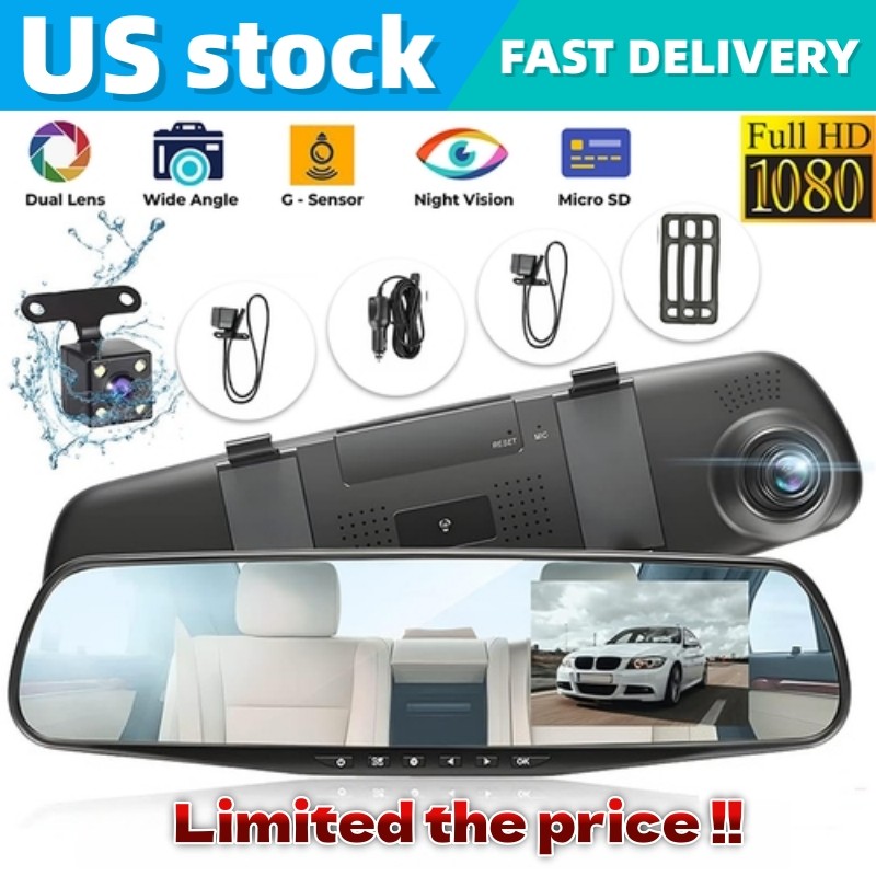 1080P HD Rearview Mirror Car DVR Dual Dash Cam Camera Front Rear Video Recorder