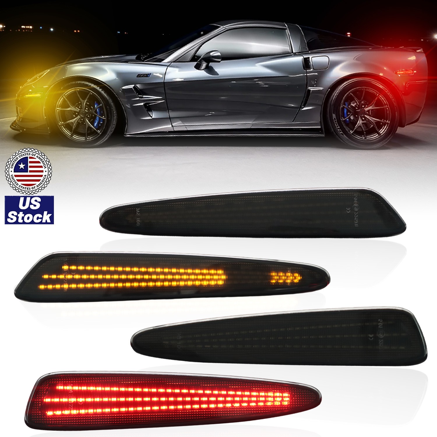 Front Rear Amber Red LED Side Marker Light Dynamic For Chevy Corvette C6 2005-13