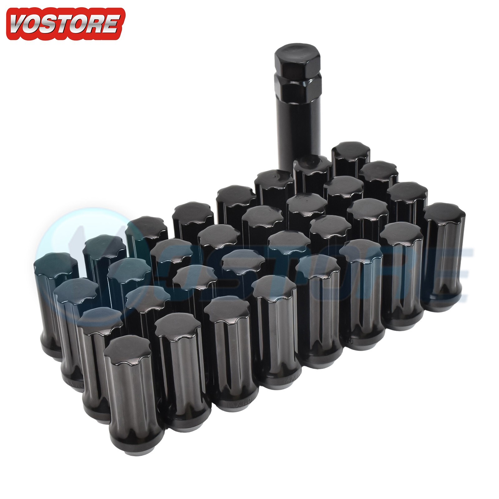 (32) 14×1.5 Spline Black Lug Nuts with Key for Chevy Silverado 2500 HD 3500 HD