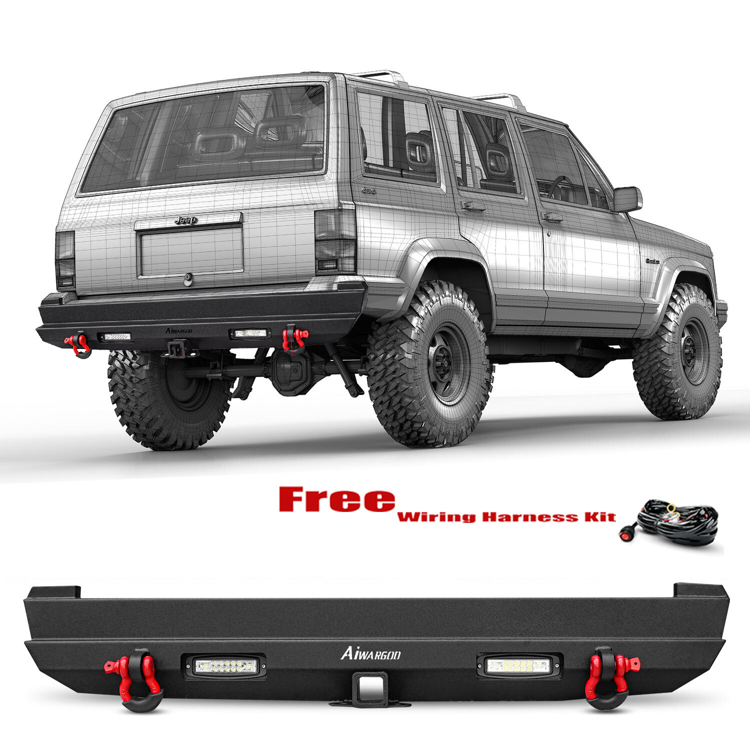 Aaiwa Steel Rear Bumper W/ LED Lights&D-Rings For 1984-2001 Jeep Cherokee XJ 002