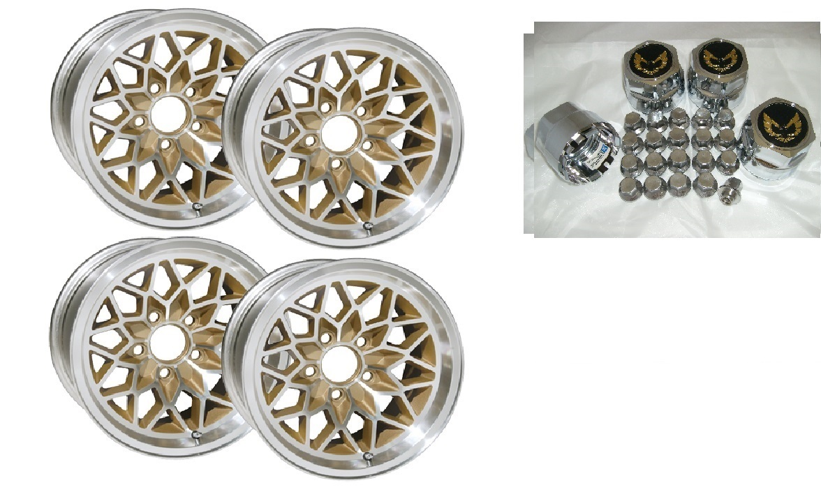 TRANS AM 17X9 INCH SNOWFLAKE WHEELS – CENTER CAPS – LUG NUT SET NEW! GOLD KIT!